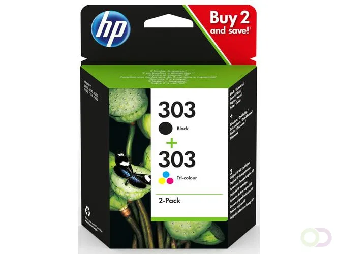 HP 303 originele zwarte/drie-kleuren inktcartridges, 2-pack (3YM92AE) från HP – produktbild