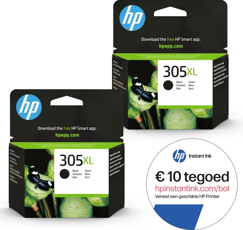 HP 305XL - Inktcartridge - Origineel - 2x 305XL Zwart + Instant Ink tegoed van HP in Zwart – productfoto