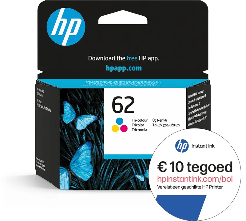 HP 62 - Inktcartridge - Origineel - Standaard capaciteit - Instant Ink tegoed van HP in Kleur – productfoto
