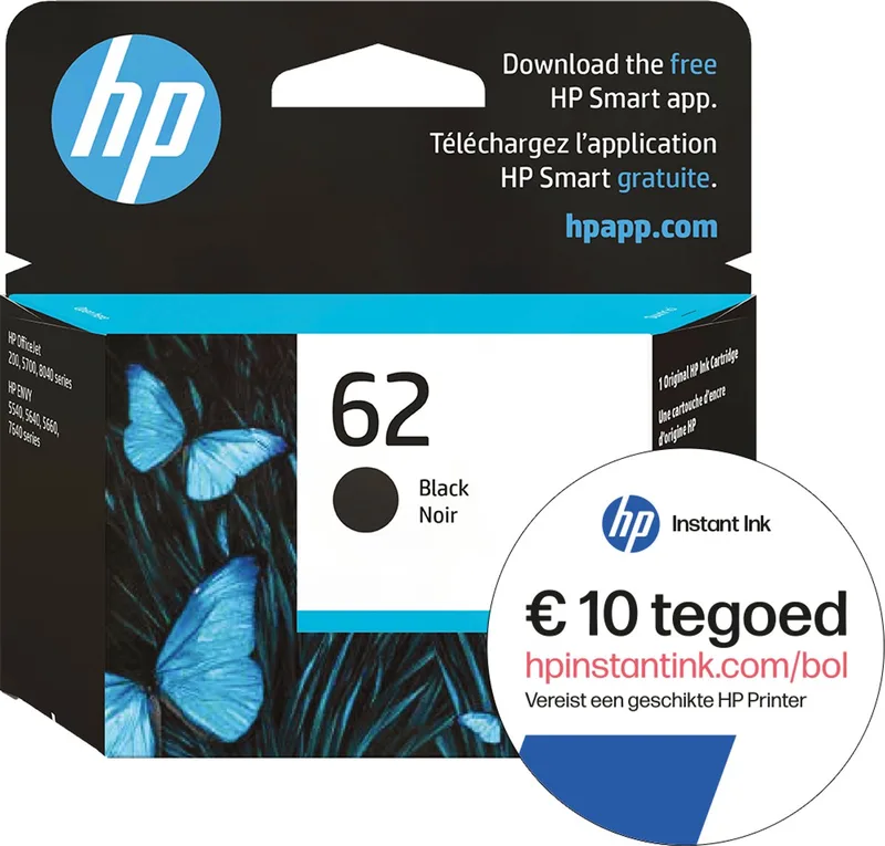 HP 62 - Inktcartridge - Origineel - Standaard capaciteit - Instant Ink tegoed van HP in Zwart – productfoto