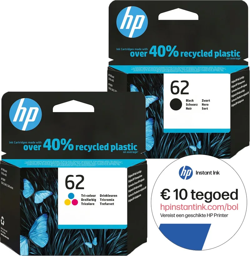 HP 62 - Inktcartridge - Origineel - Standaard capaciteit - Kleur en + Instant Ink tegoed van HP in Zwart – productfoto