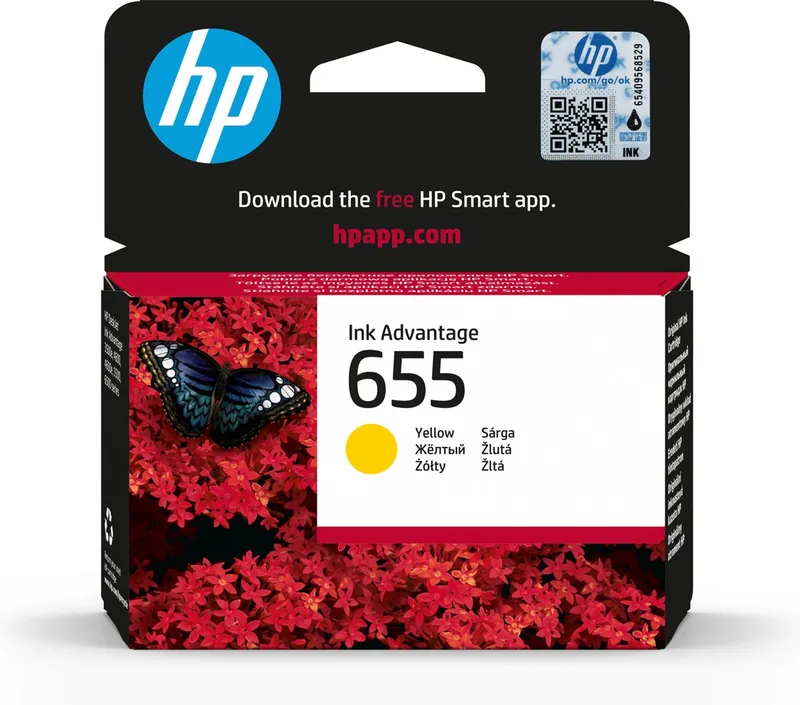 HP 655 Yellow Original Ink Advantage Cartridge inktcartridge 1 stuk(s) Origineel Normaal rendement van HP in Geel – productfoto