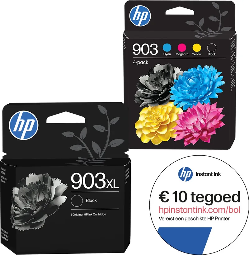 HP 903 & HP 903XL - Inktcartridge - Origineel - Kleur & Instant Ink tegoed van HP in 2x Zwart – productfoto