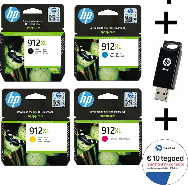 HP 912 XL - Inktcartridges - Origineel - Hoge capaciteit - Multi Bundel - Met Gratis 32 GB USB Stick & Instant Ink tegoed van HP in Zwart – productfoto