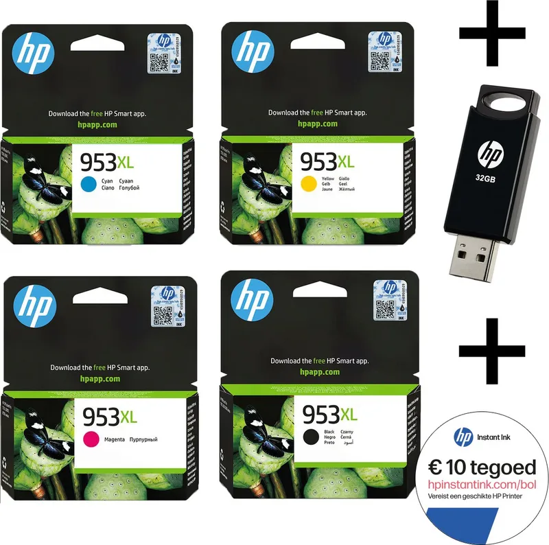 HP 953 XL Multi Bundel - Inktcartridge - Origineel - Inclusief 32 GB USB Stick & Instant Ink tegoed från HP i Svart – produktbild