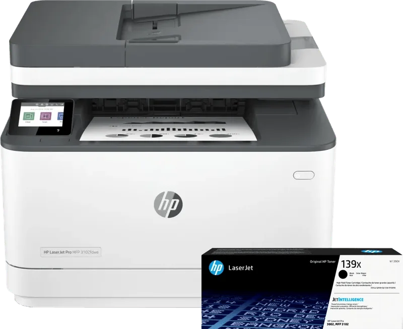 LaserJet Pro MFP 3102fdw + 1 zusätzlicher schwarzer XL-Toner från HP – produktbild