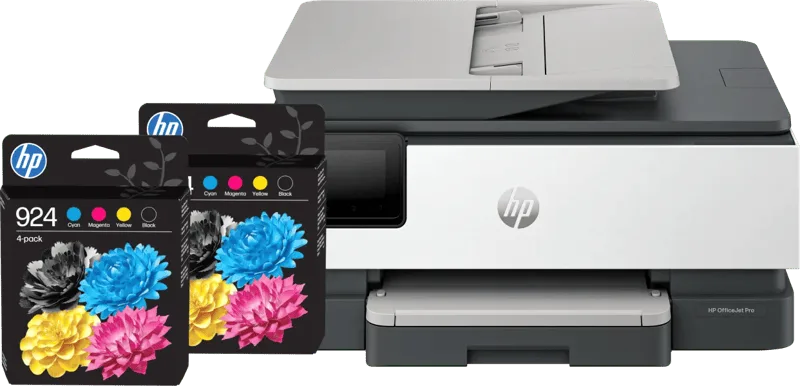 OfficeJet Pro 8122e + 2 zwarte + 2 kleuren cartridges fra HP – produktbillede